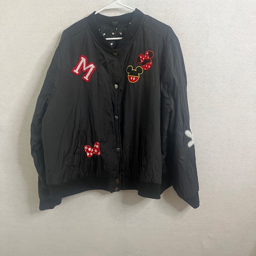 Disney Mickey & Minnie Varsity Bomber Jacket Black Snap Button Patch Coat - Picture 2 of 11